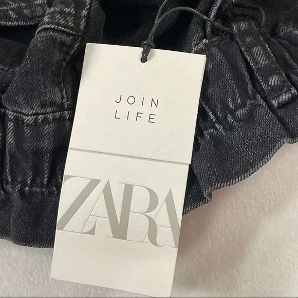 NWT Zara Black Elastic Paper Bag Waist Ultra High Rise 100% Cotton Jeans Size XL - Picture 15 of 16